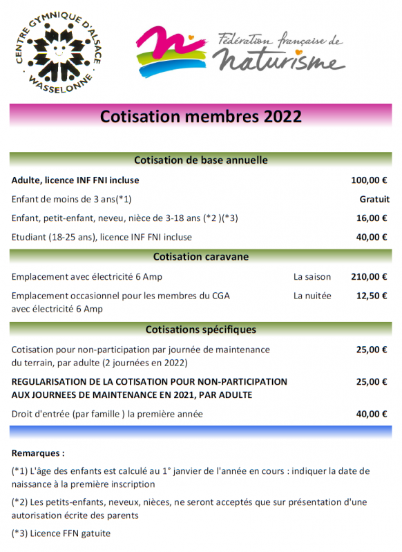 Tarifs membres 2022